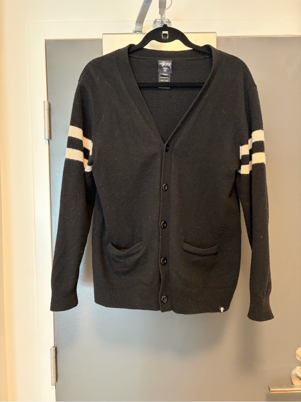 Stussy Black Cardigan with Cream Stripe Sleeves